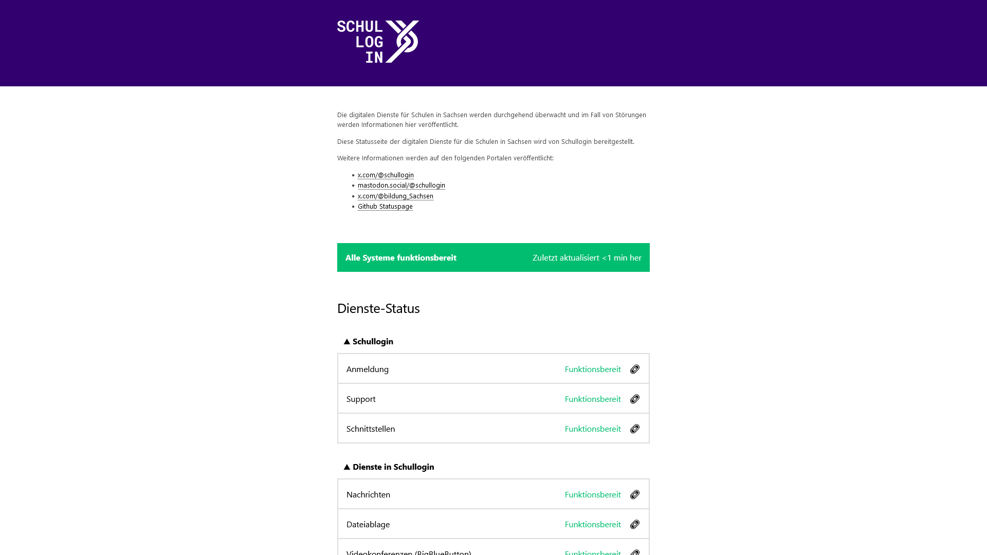 Startbild der Statusseite von Schullogin