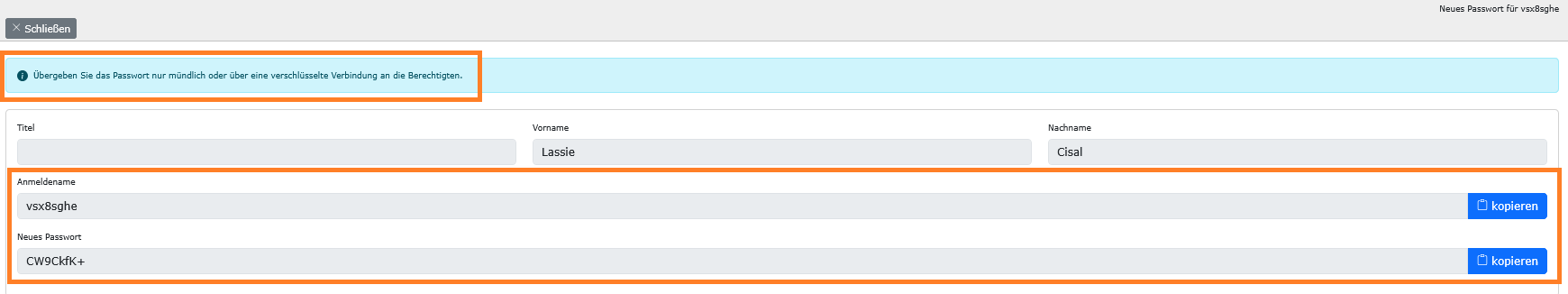 Zugangsdaten des neuen Accounts