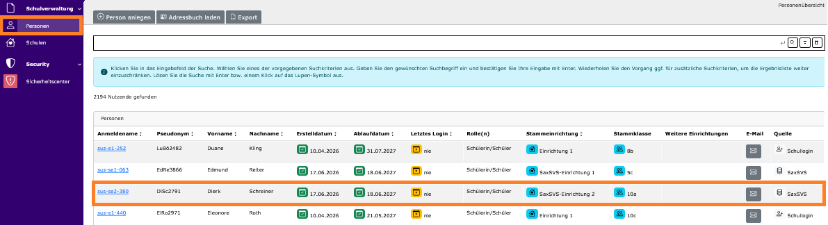 Auswahl einer Person f&uuml;r Passwort-Reset