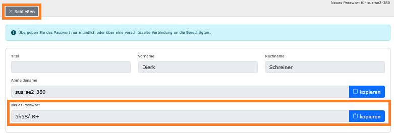 Anzeige des neuen Passworts