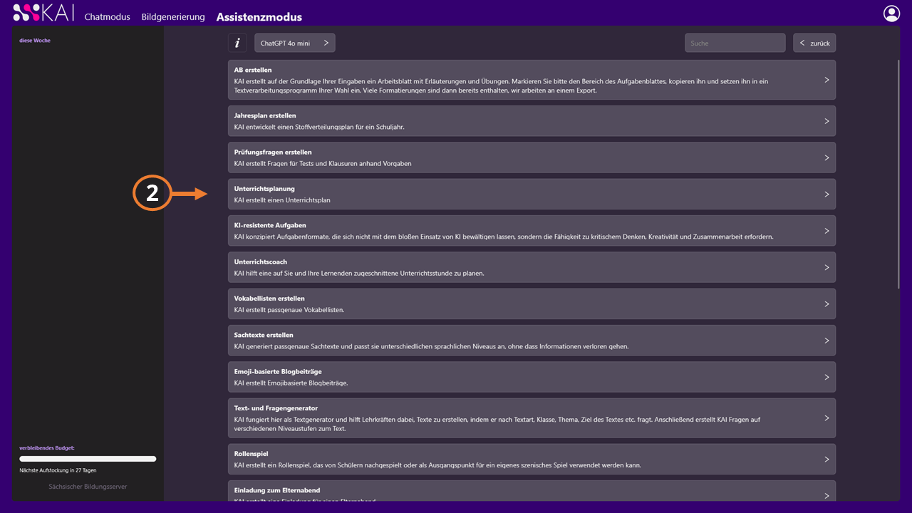 Screenshot Auswahl einer Vorlage
