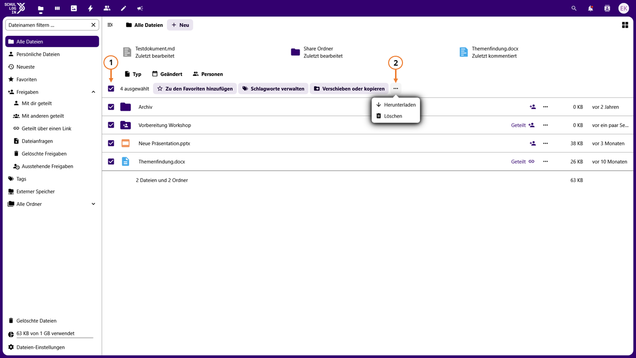 Screenshot der Dateiablage mit Hinweisen zum Markieren und Herunterladen