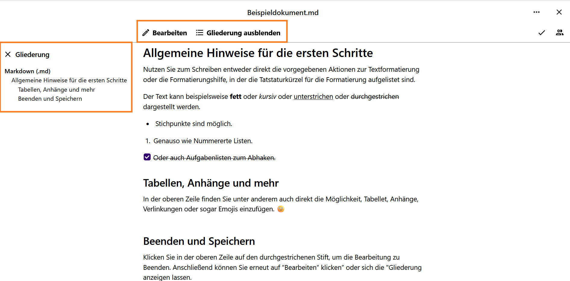 Gliederung anzeigen oder weiter Bearbeiten