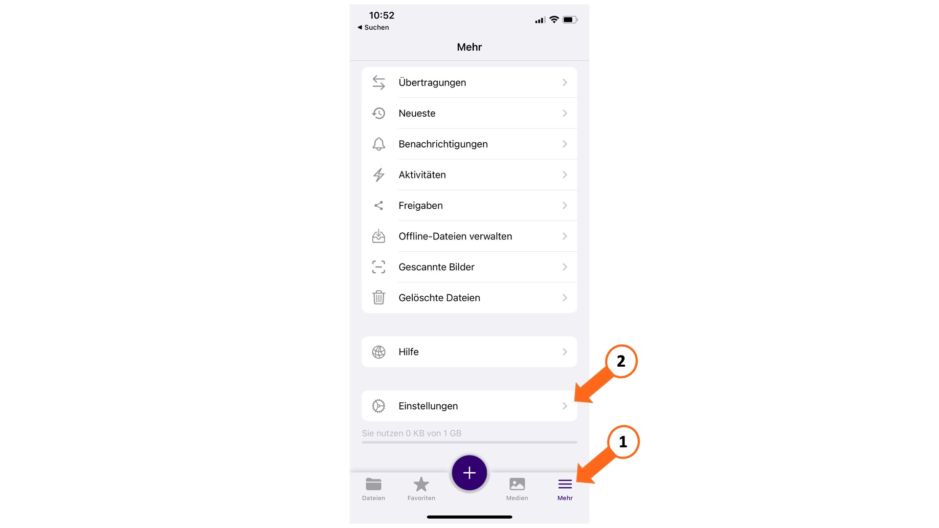Nextcloud-App, Men&uuml;punkt Einstellungen