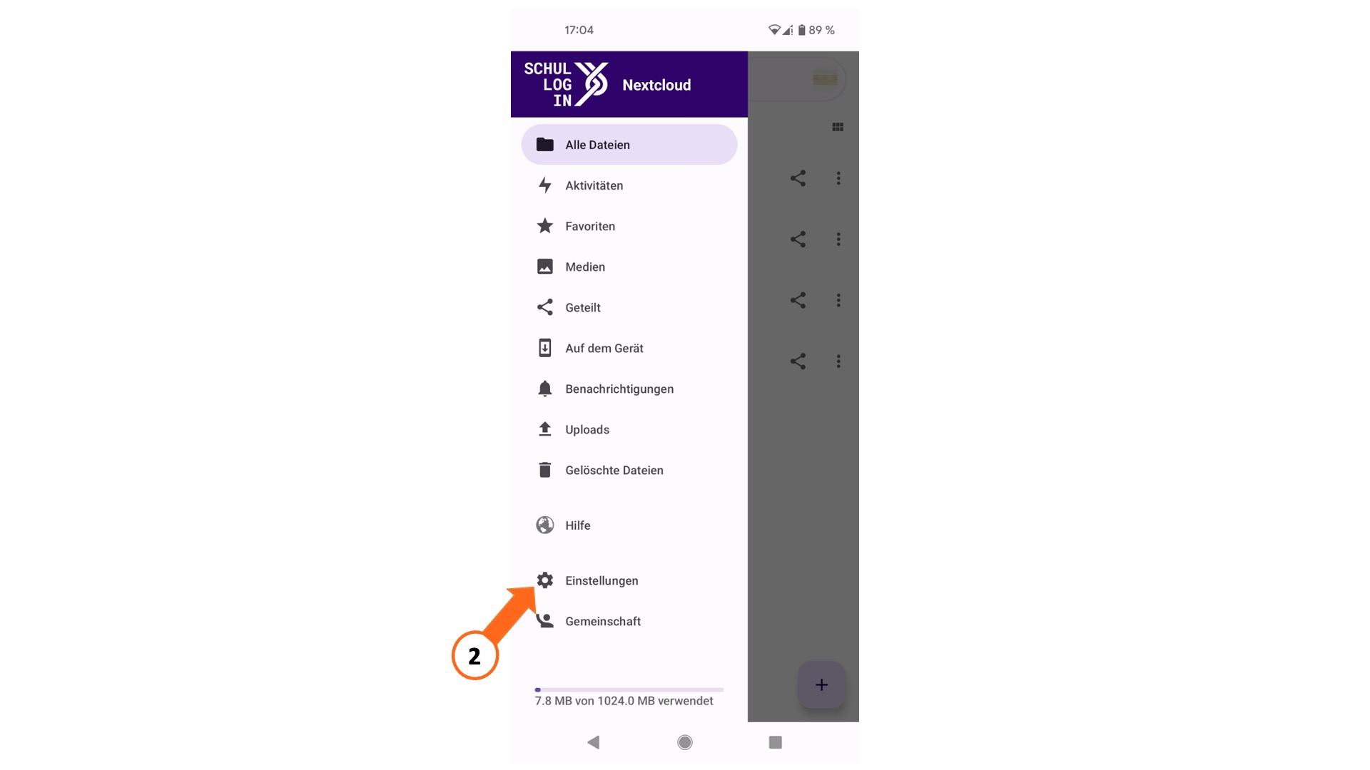 Nextcloud-App, Men&uuml;punkt Einstellungen