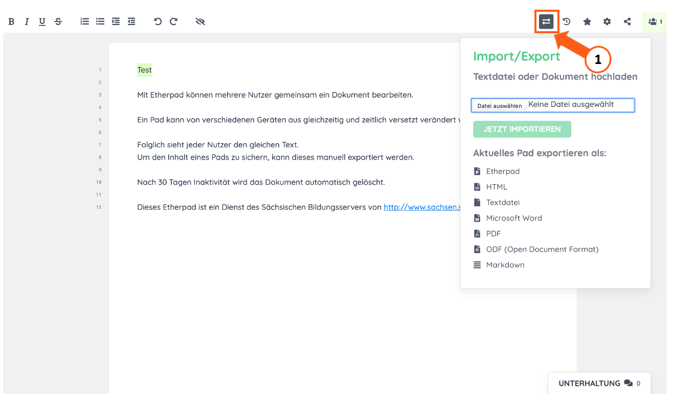 Screenshot der Import- und Exportfunktionen im Etherpad