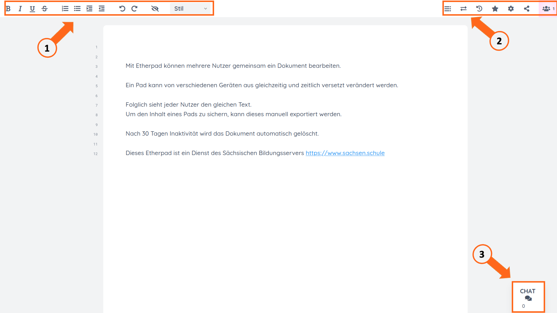 Screenshot des Etherpads mit Markierungen der Bedienfl&auml;chen