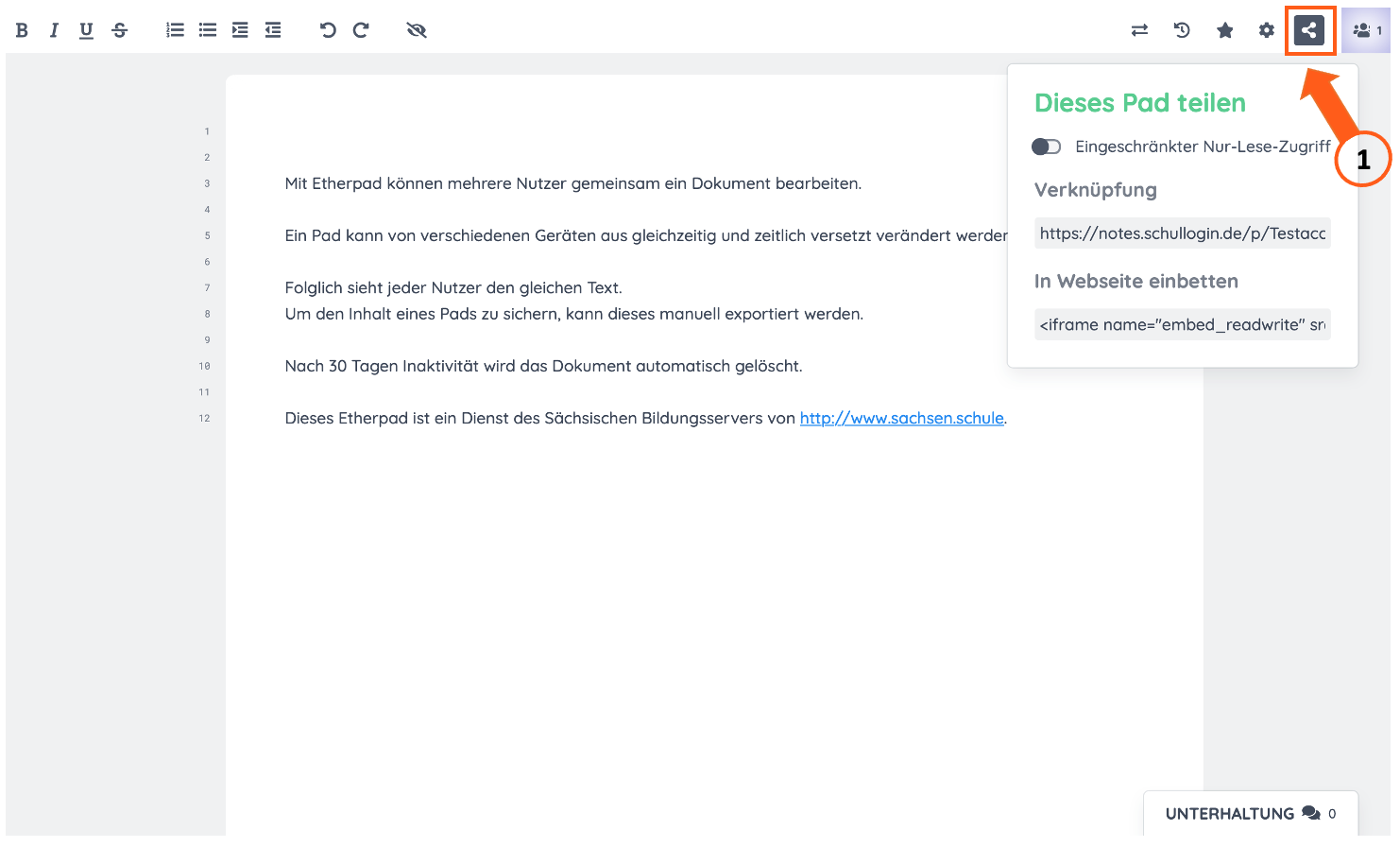Screenshot der Teilen-Funktion im Etherpad