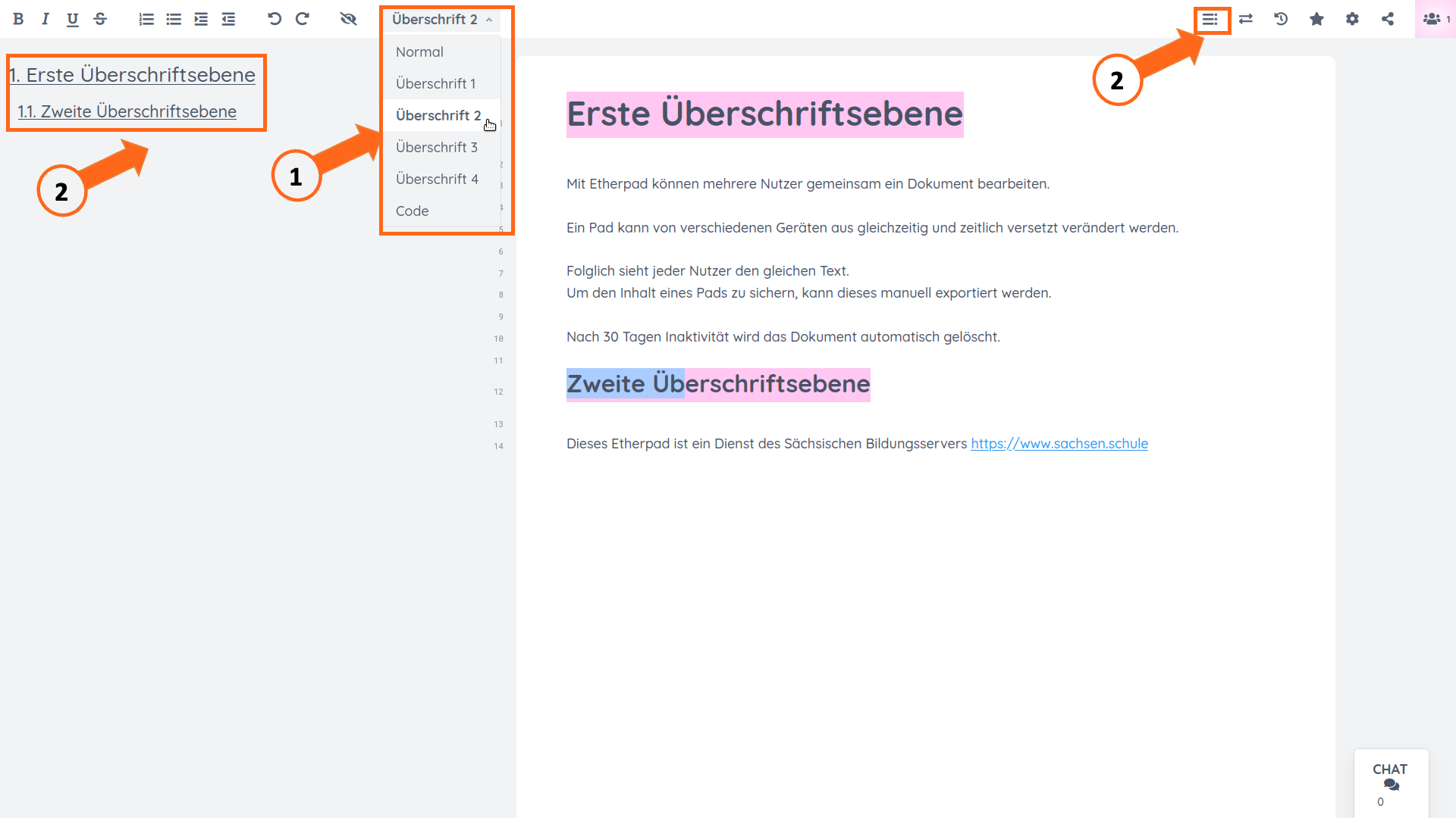 Screenshot der Formatierungs- und Gliederungsfunktionen im Etherpad