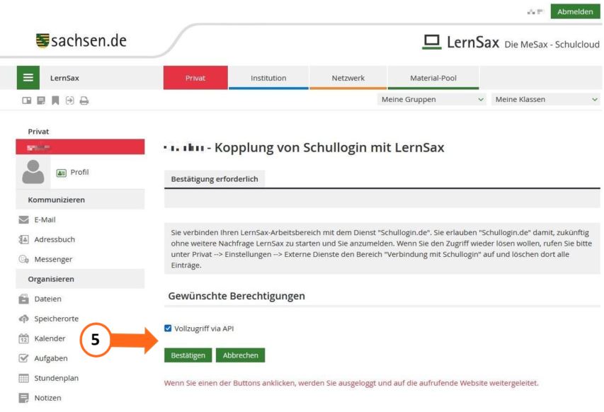 Kopplung mit LernSax best&auml;tigen