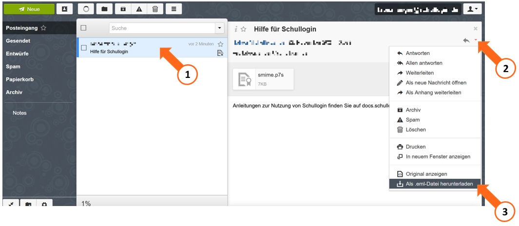 Screenshot des Nachrichten-Dienstes von Schullogin mit Markierung der Schritte dieser Anleitung