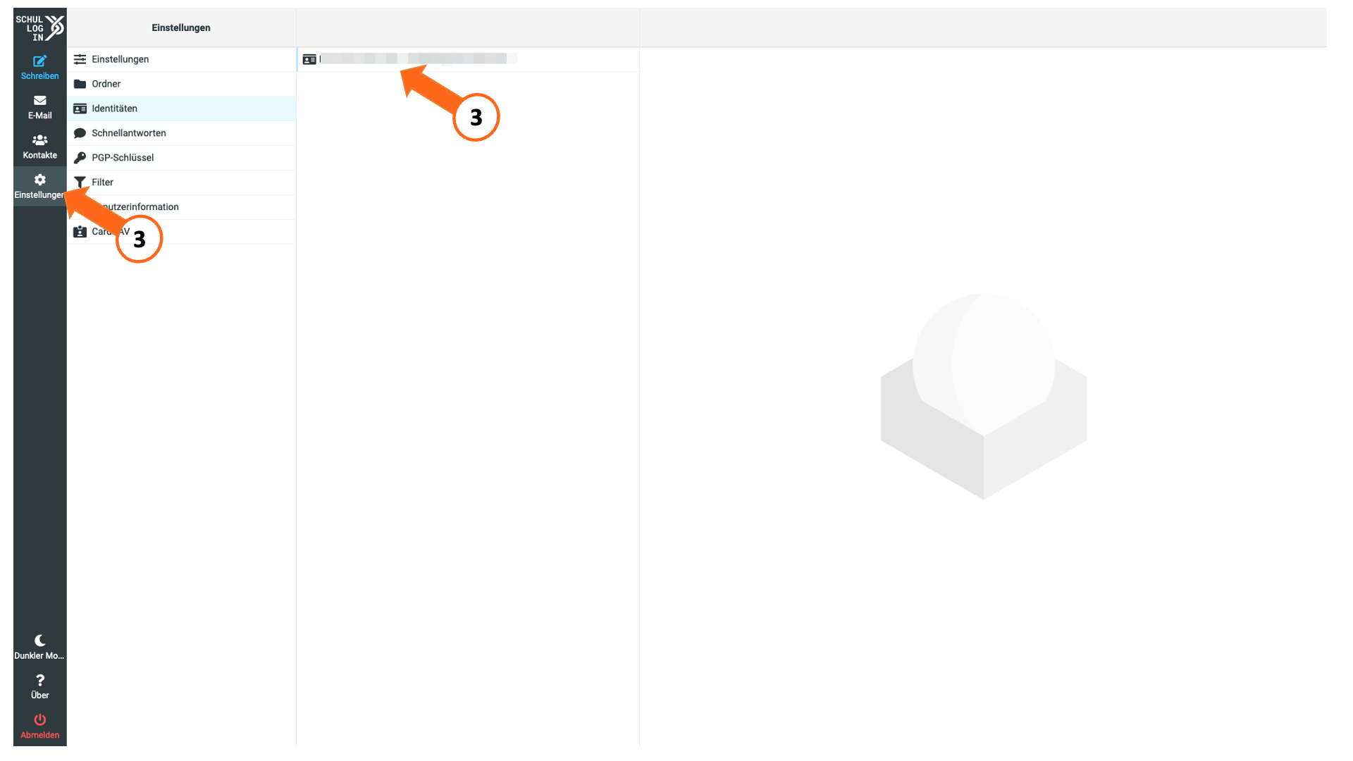 Screenshot der Einstellungen des Nachrichten-Dienstes mit Markierung zum &Ouml;ffnen der &bdquo;Identit&auml;ten"