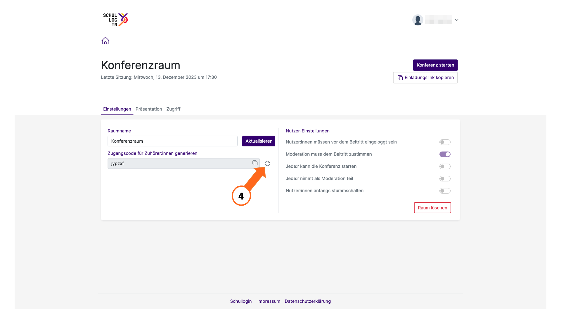 Men&uuml; zu den Raumeinstellungen