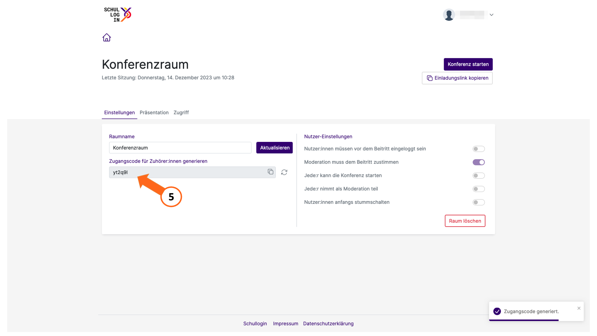 Men&uuml; zu den Raumeinstellungen