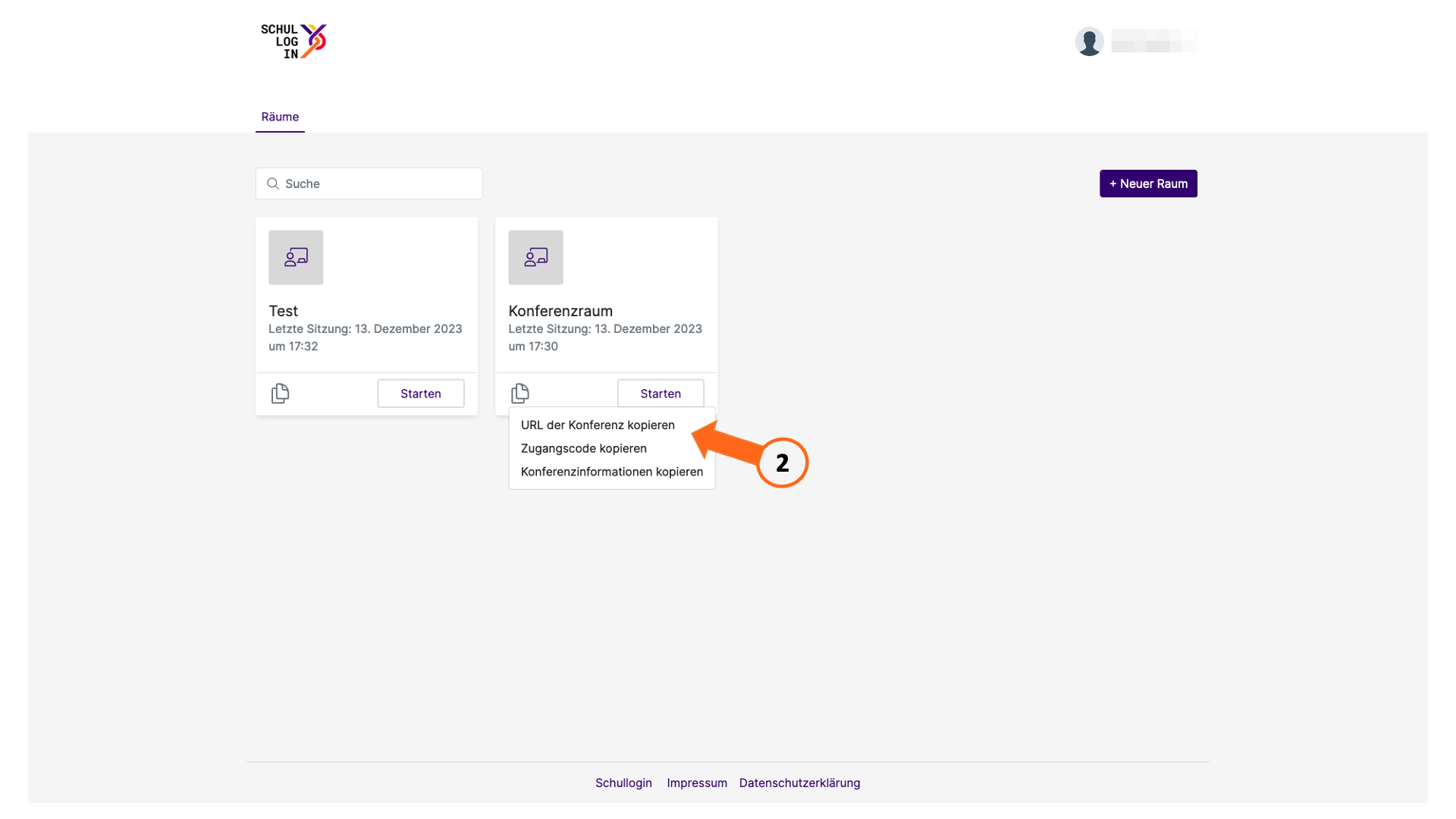 Auswahl-Menü zum Teilen der Konferenzdaten