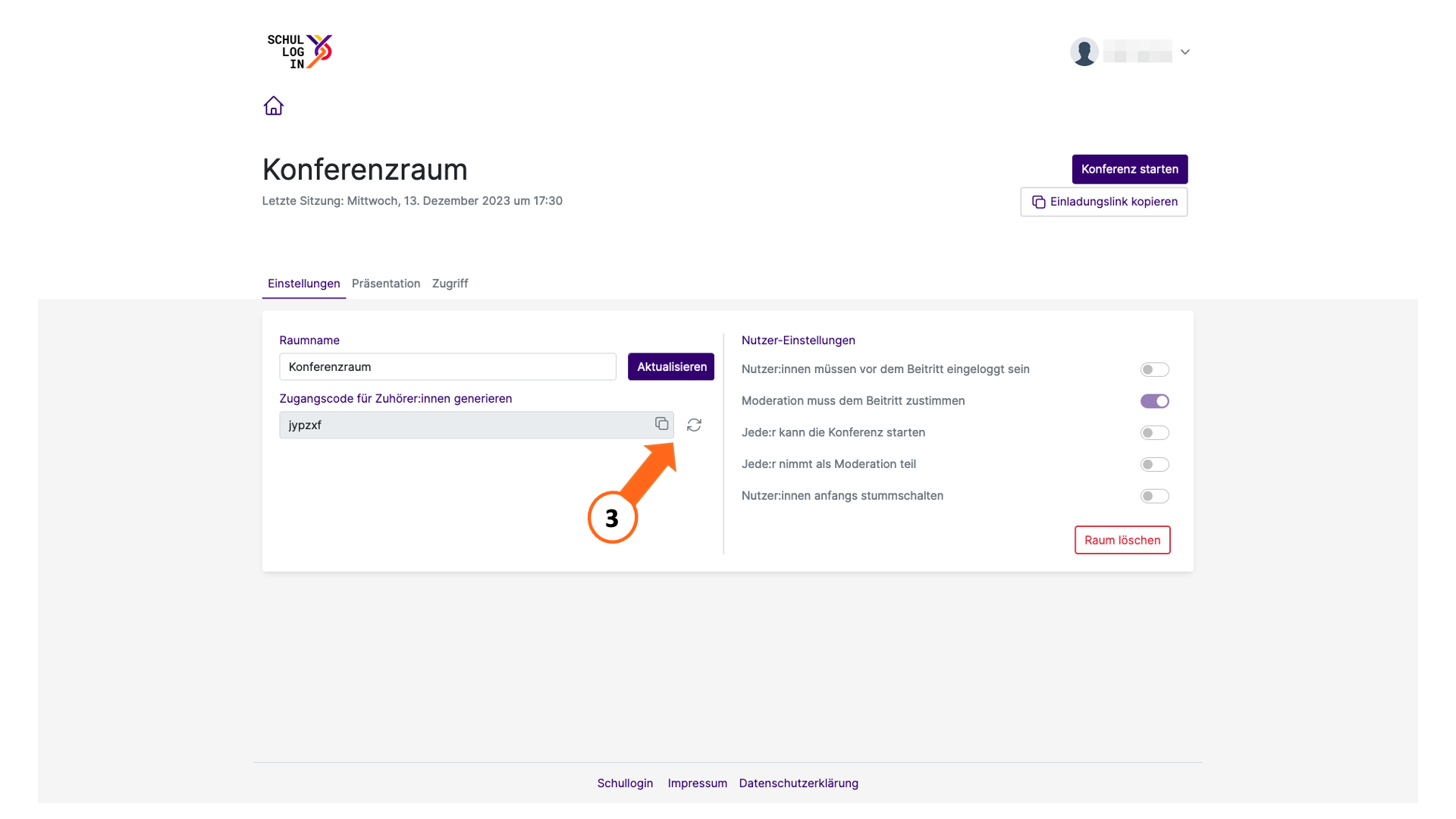 Übersicht der Raumeinstellungen