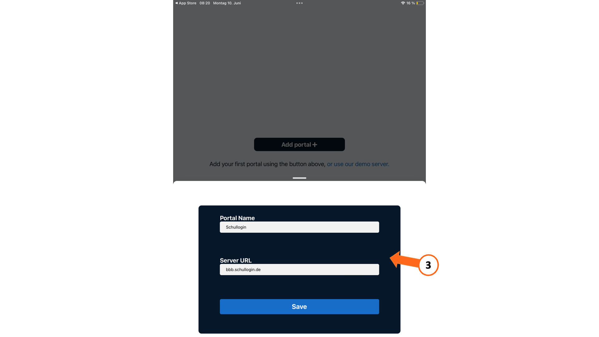 Eingabe der Serverinformationen