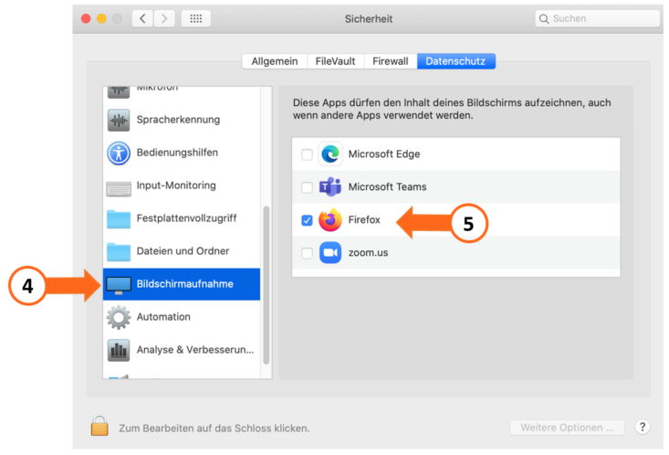 Screenshot der Einstellungen f&uuml;r Bildschirmaufnahme