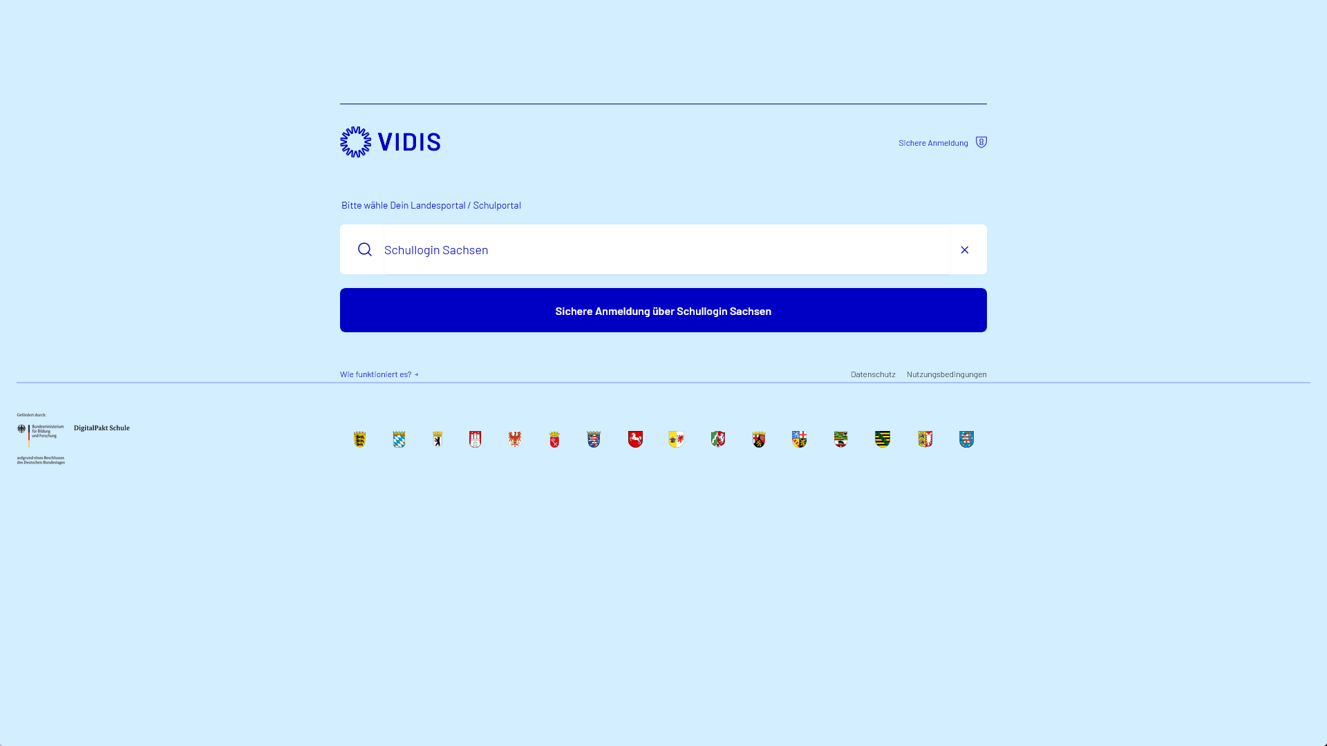 Screenshot der Auswahl "Schullogin Sachsen" zum Registrieren beim Meta-Videoportal
