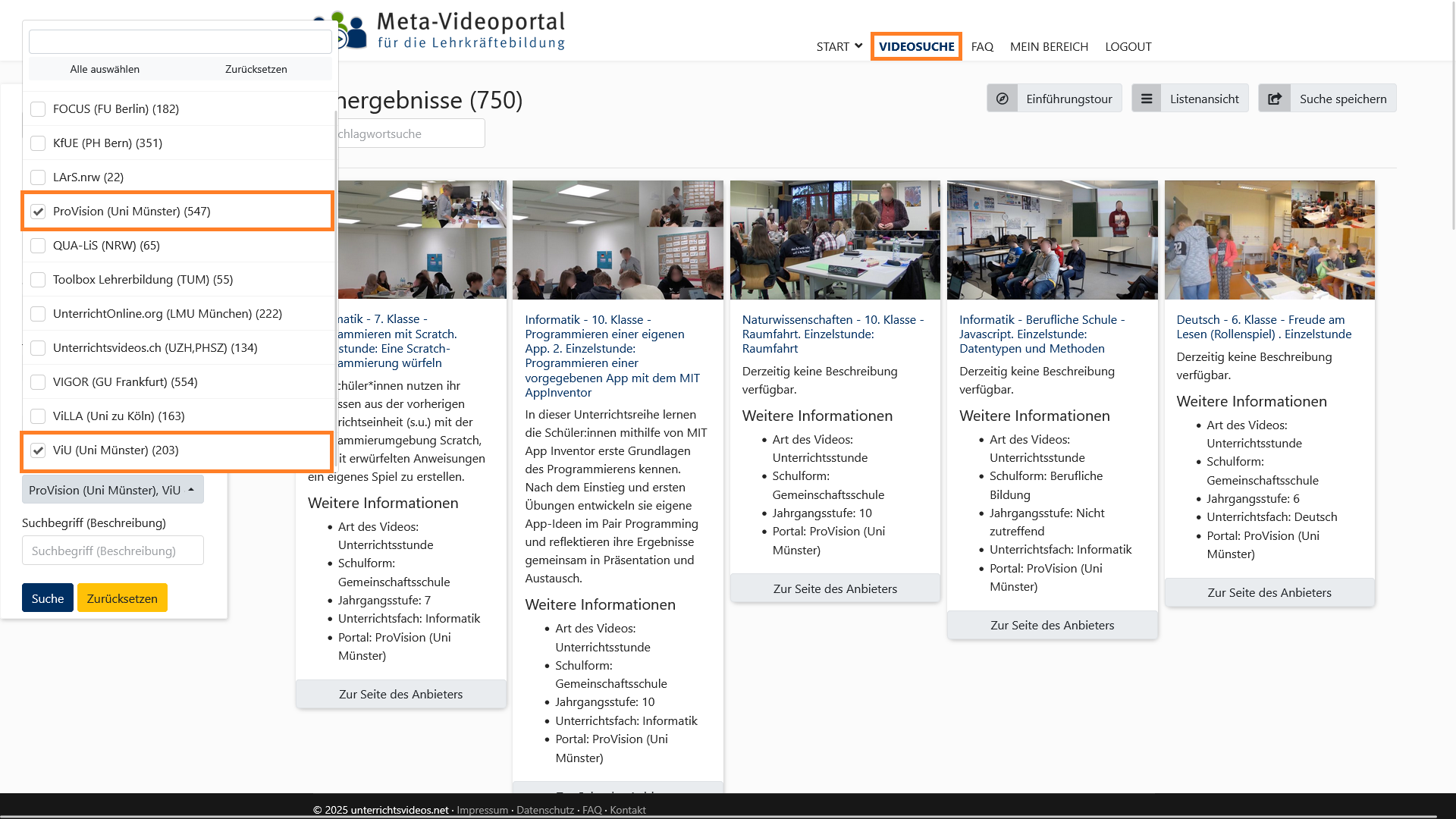 Screenshot der Auswahl der Portal ViU und ProVision.